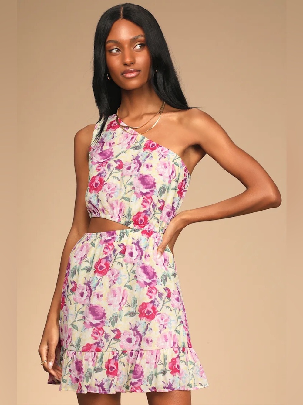 Lulu's Beauty and Blooms Floral Cutout‎ One-Shoulder Mini Dress Size XS NWT